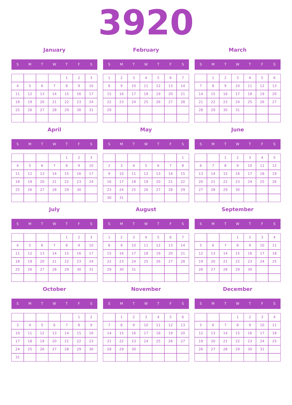 Printable 3920 Calendars