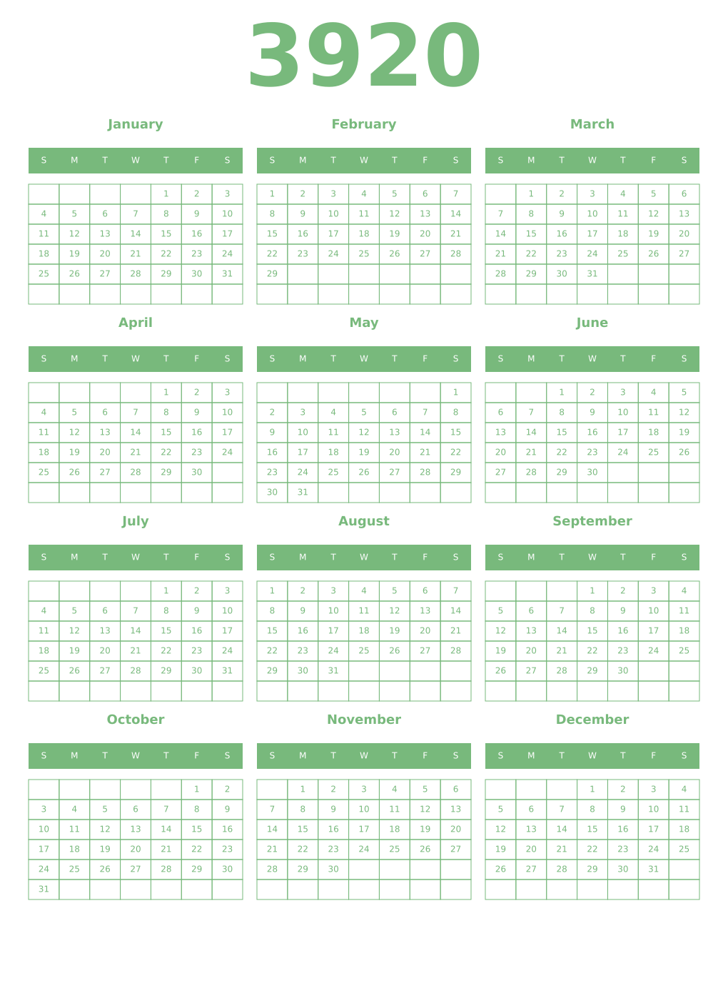 Printable 3920 Year Calendars celadon