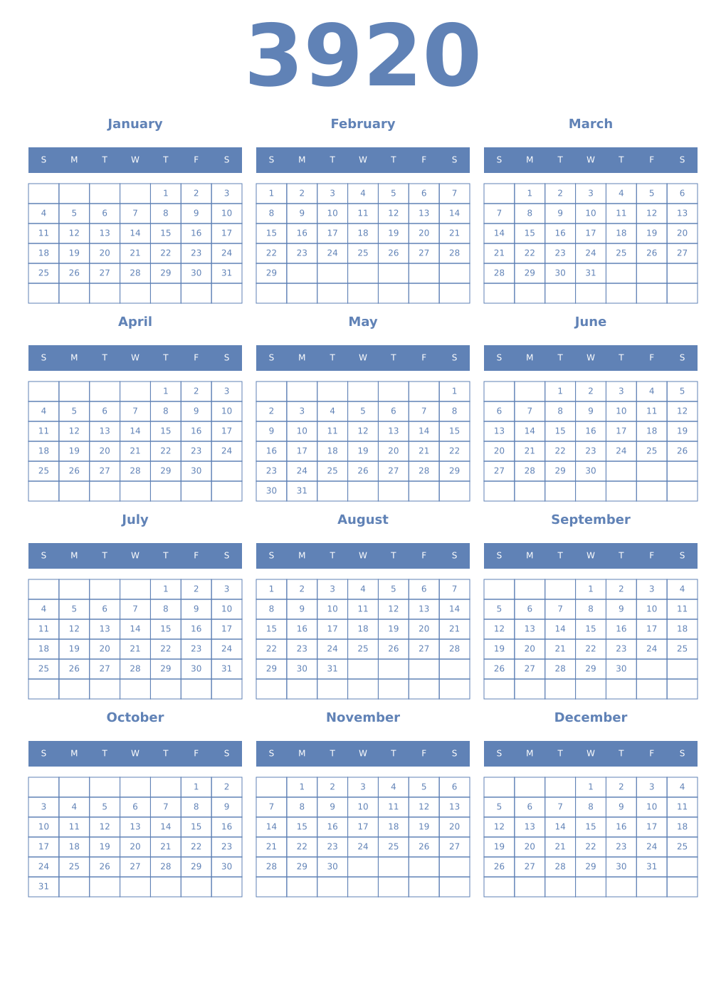 Printable 3920 Year Calendars glaucous
