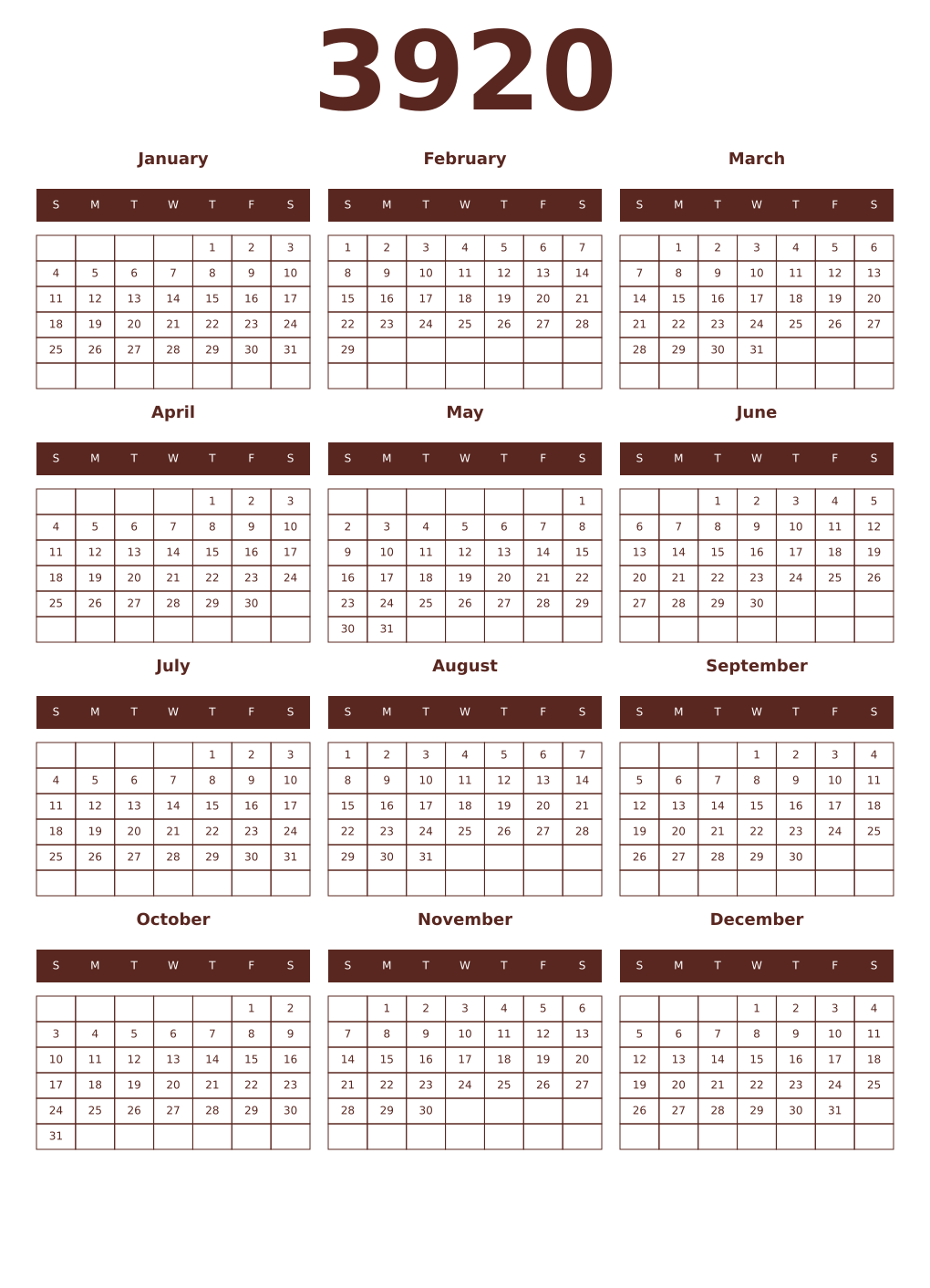 Printable 3920 Year Calendars mortuum
