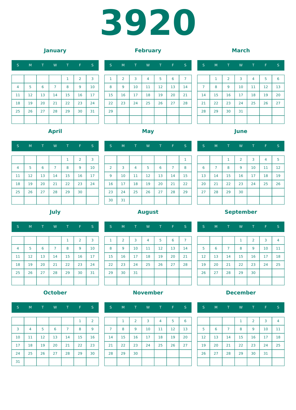 Printable 3920 Year Calendars pastel