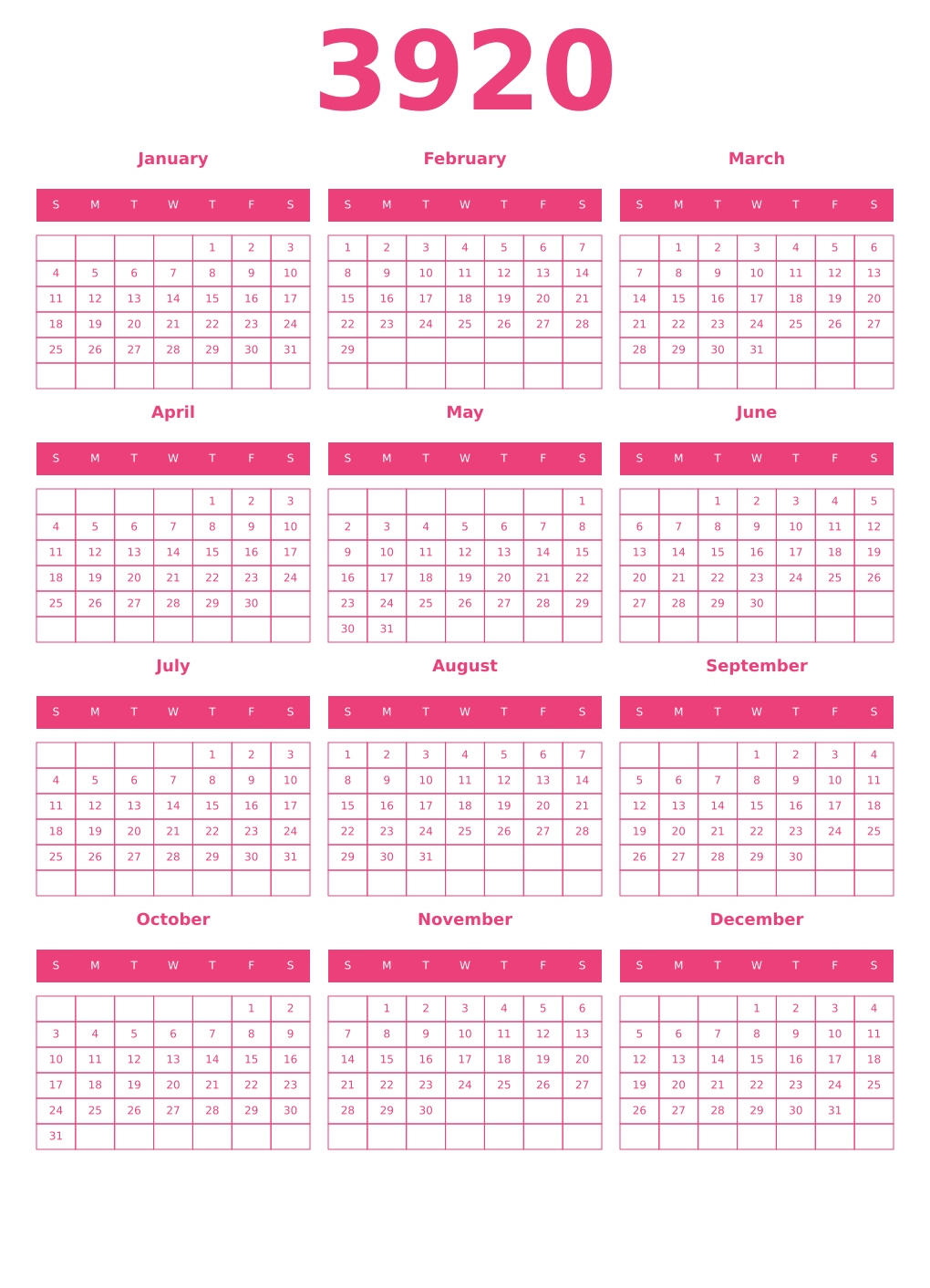 Printable 3920 Year Calendars pink