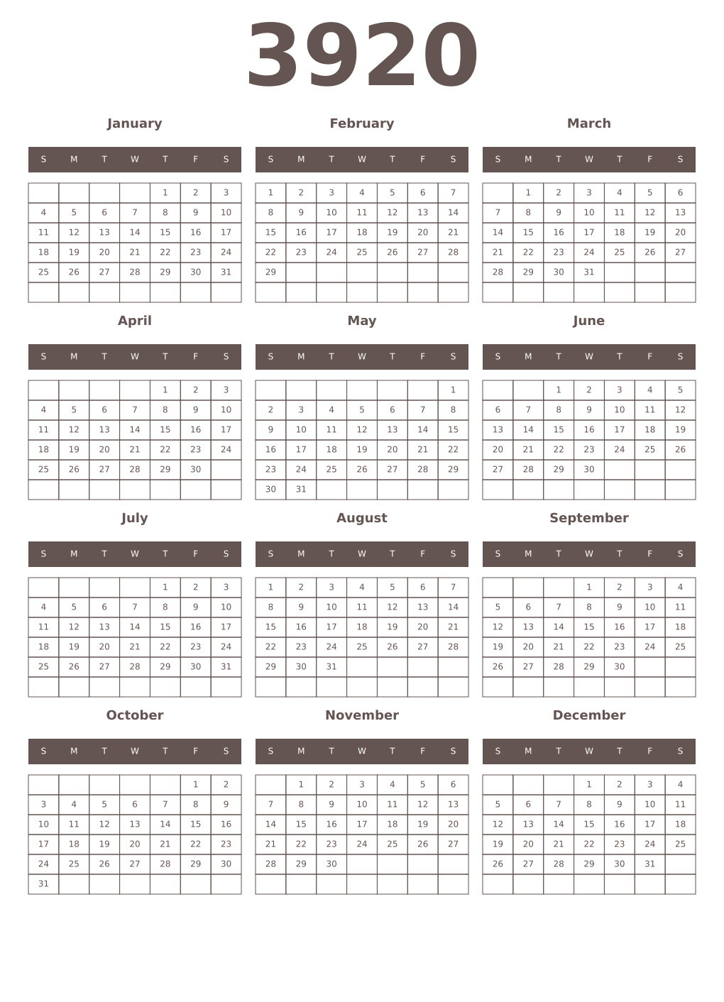 Printable 3920 Year Calendars wenge