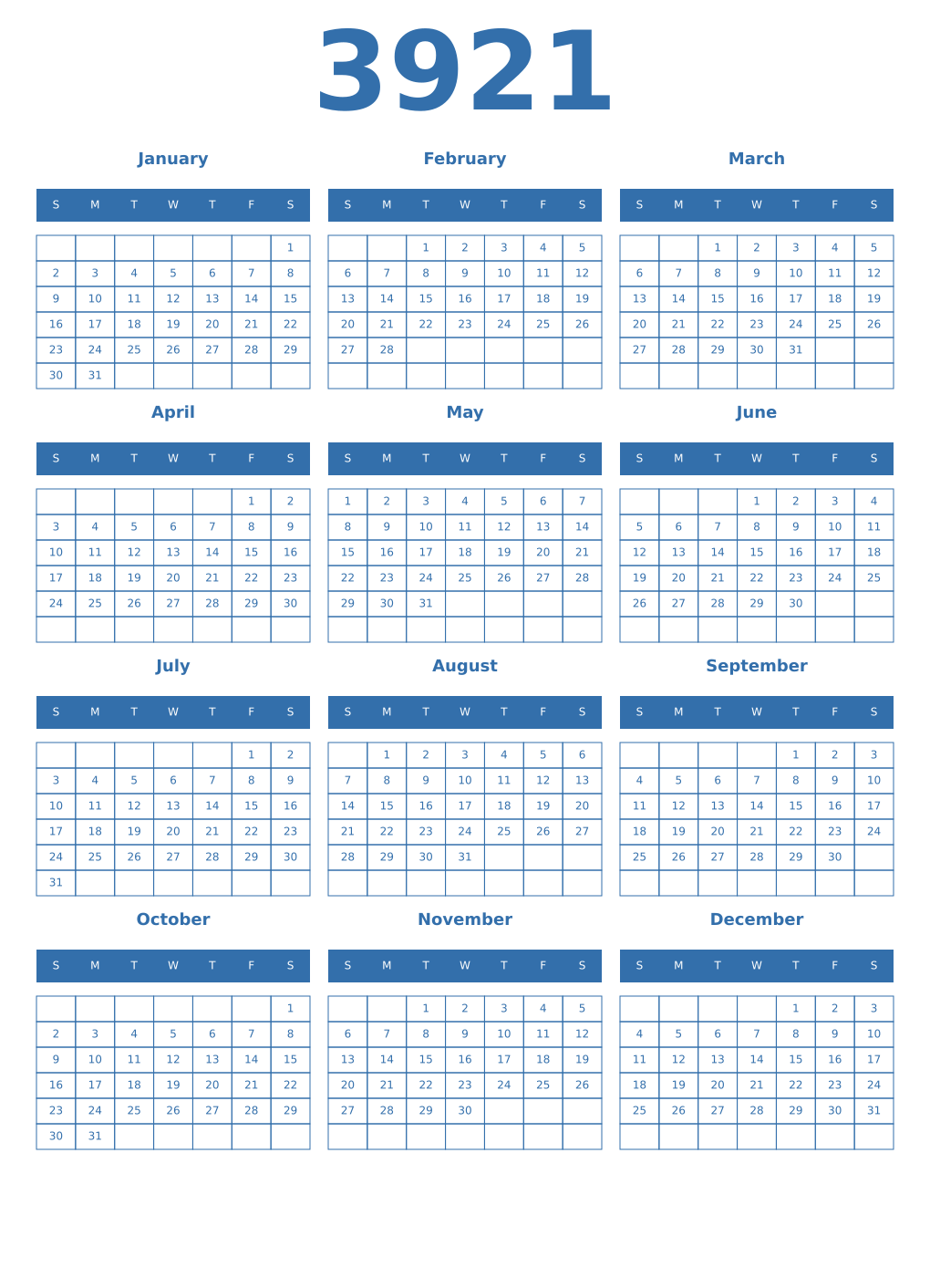 Printable 3921 Year Calendars blue