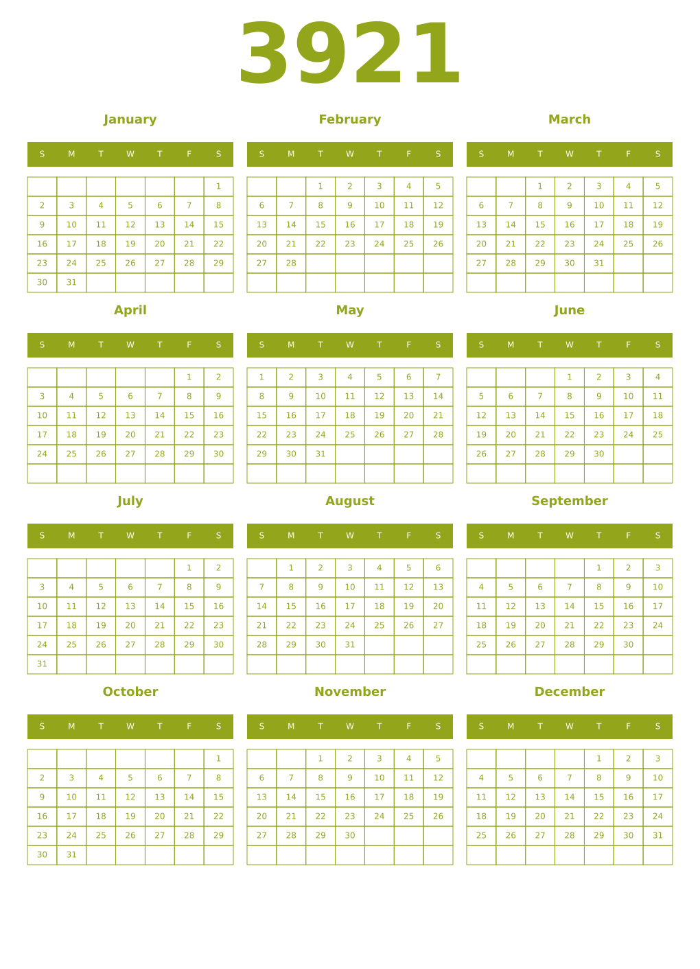 Printable 3921 Year Calendars chartreuse