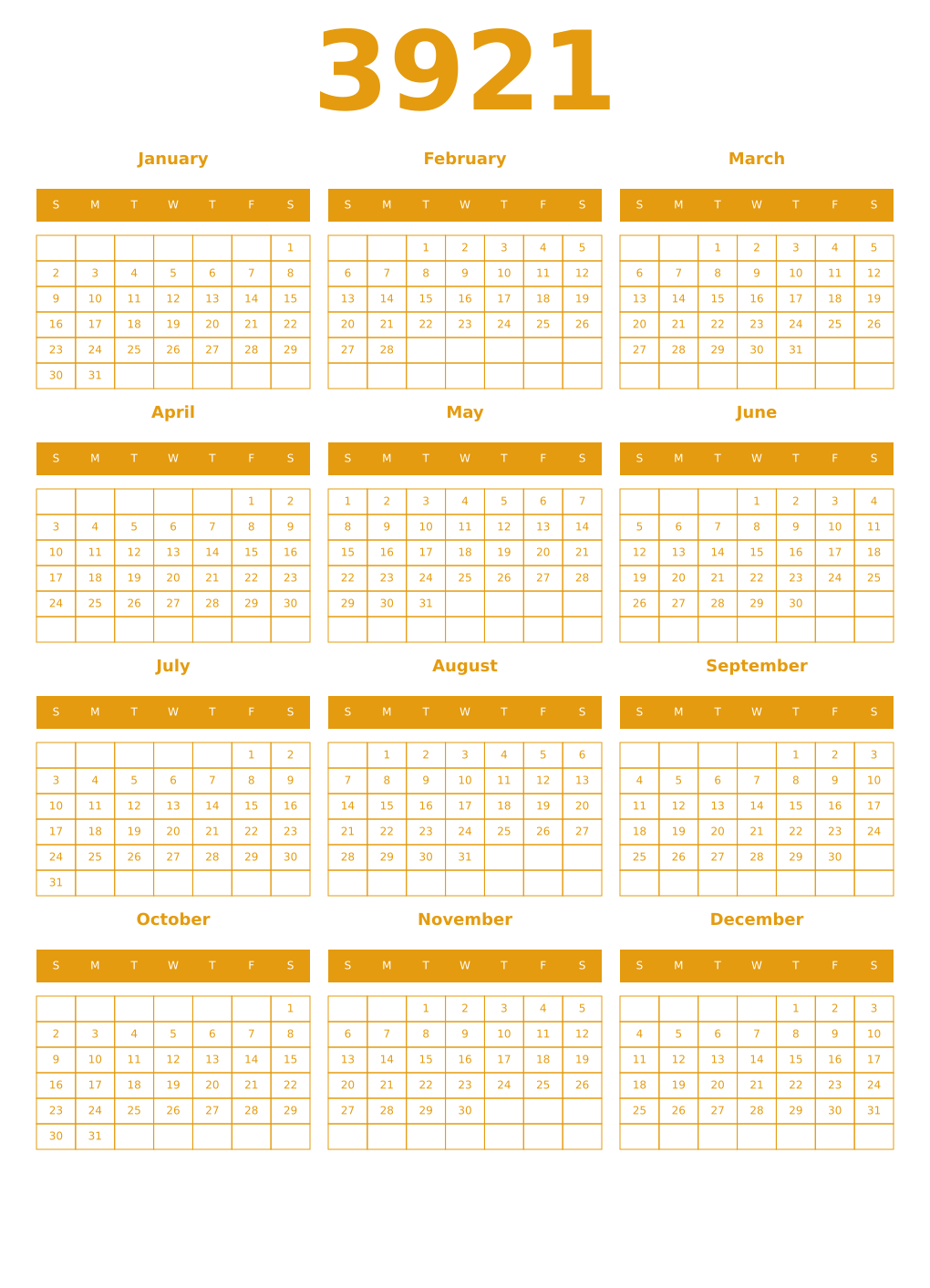 Printable 3921 Year Calendars gamboge