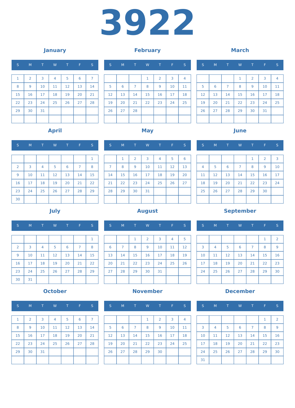 Printable 3922 Year Calendars blue