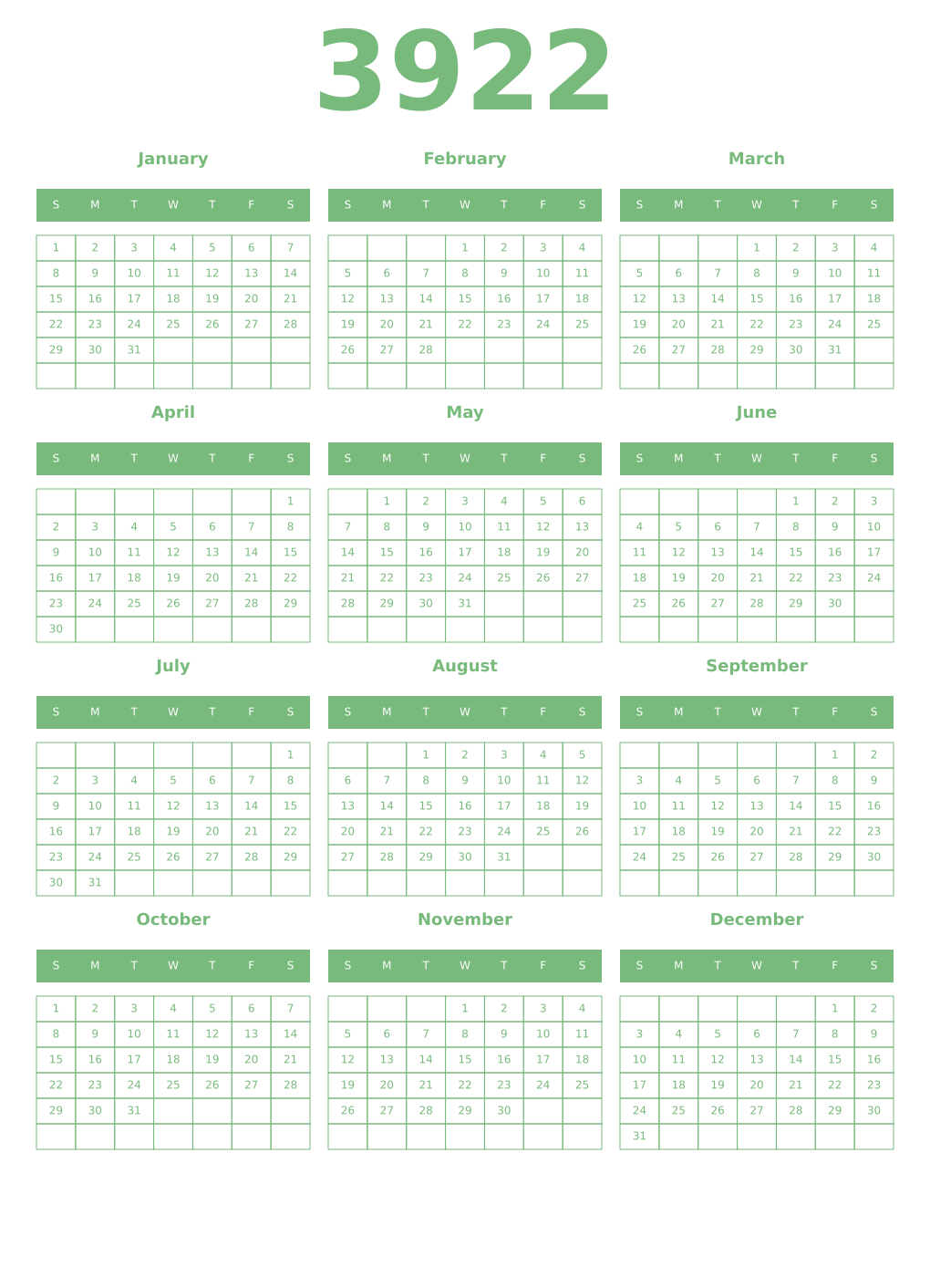 Printable 3922 Year Calendars celadon