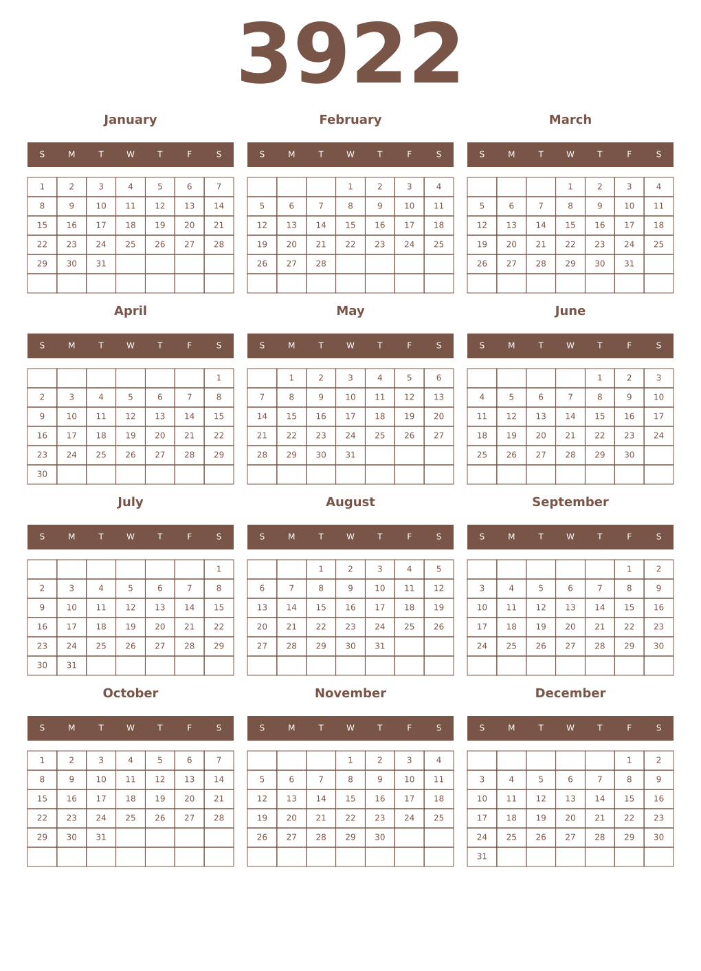 Printable 3922 Year Calendars coffe