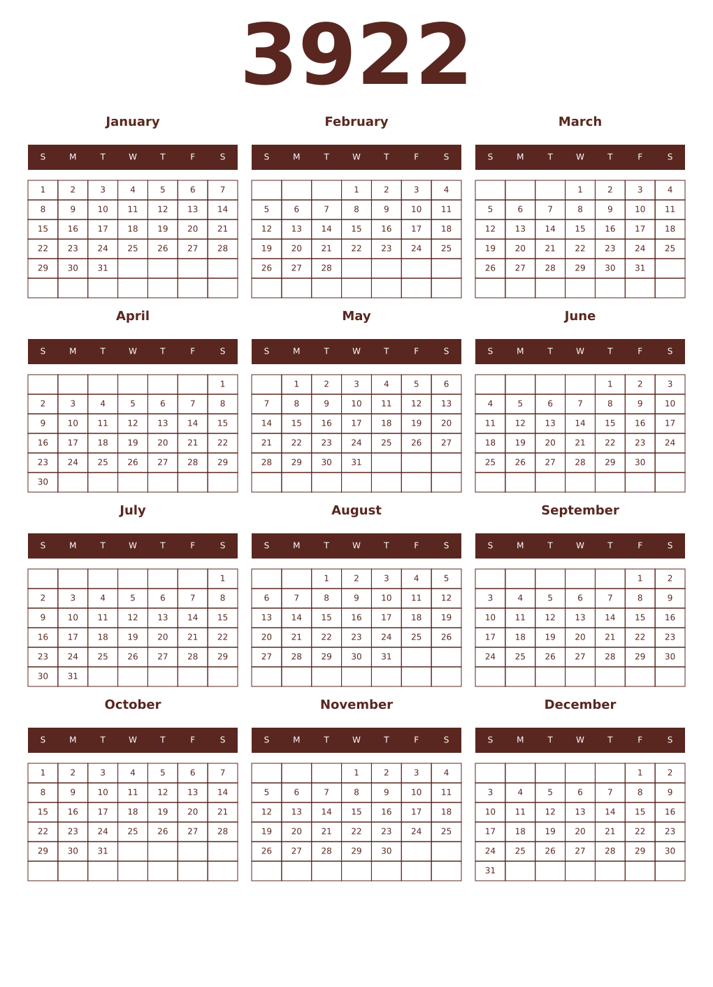 Printable 3922 Year Calendars mortuum