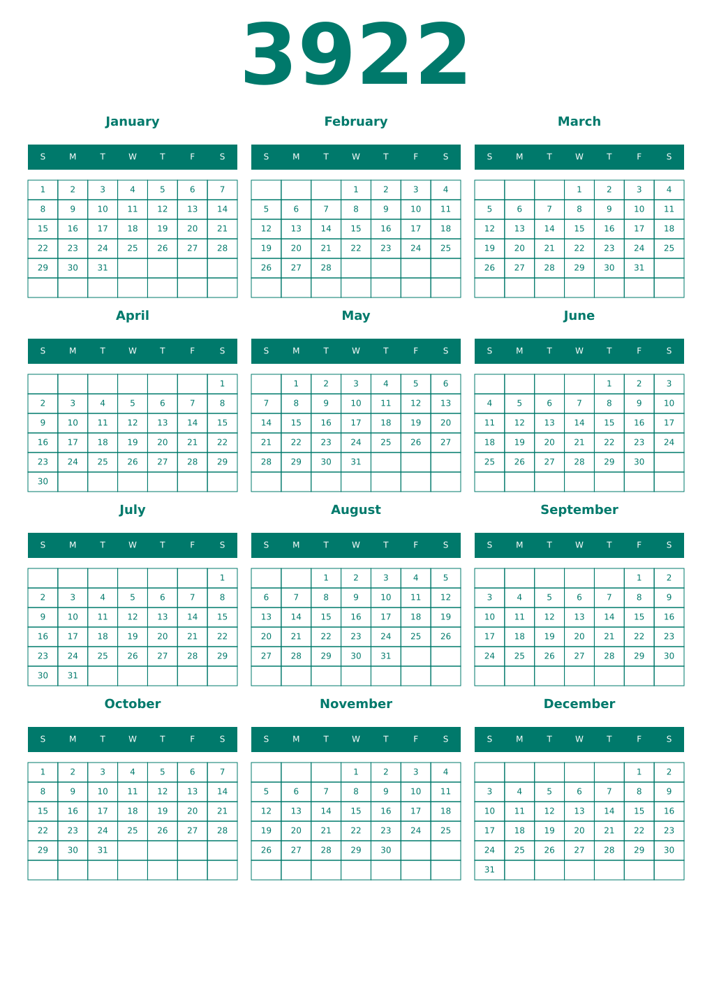 Printable 3922 Year Calendars pastel