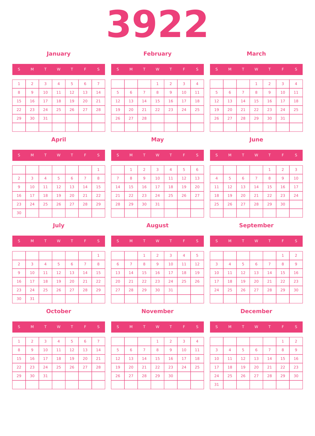 Printable 3922 Year Calendars pink