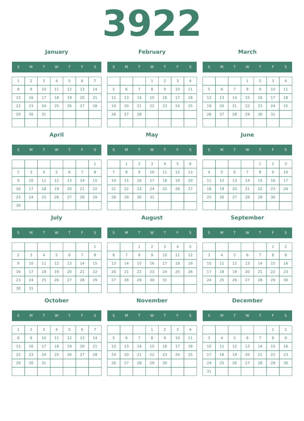 Printable 3922 Year Calendars viridian