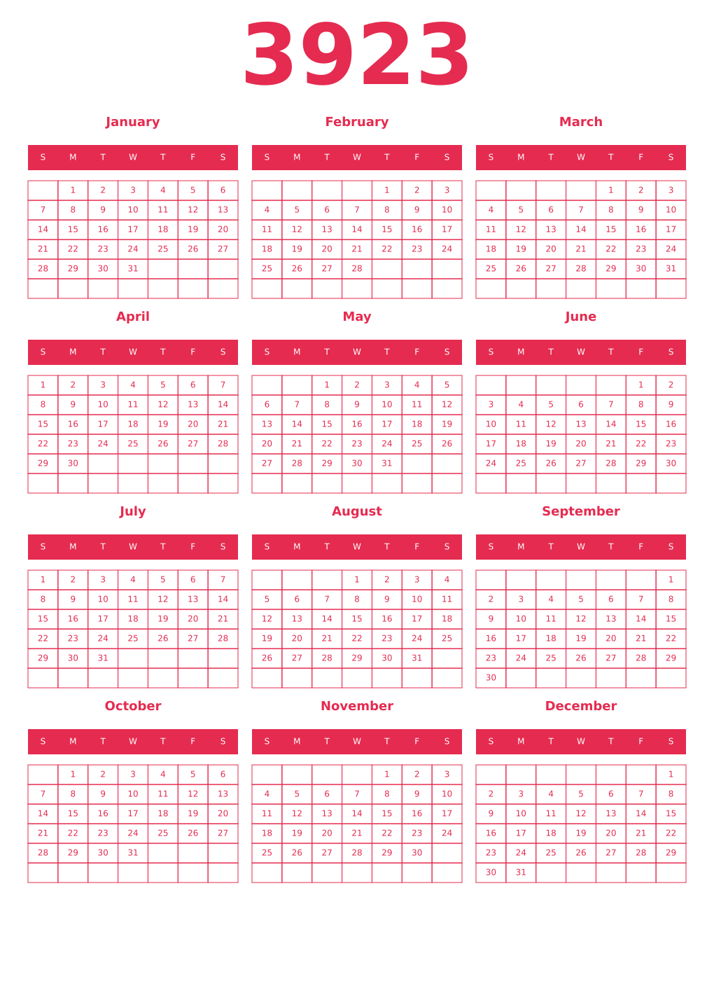 Printable 3923 Year Calendars amaranth