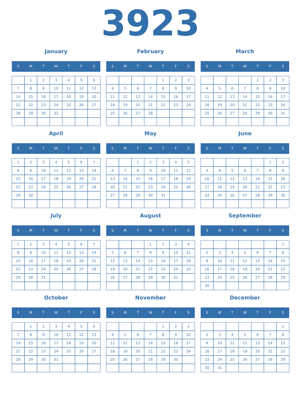 Printable 3923 Year Calendars blue