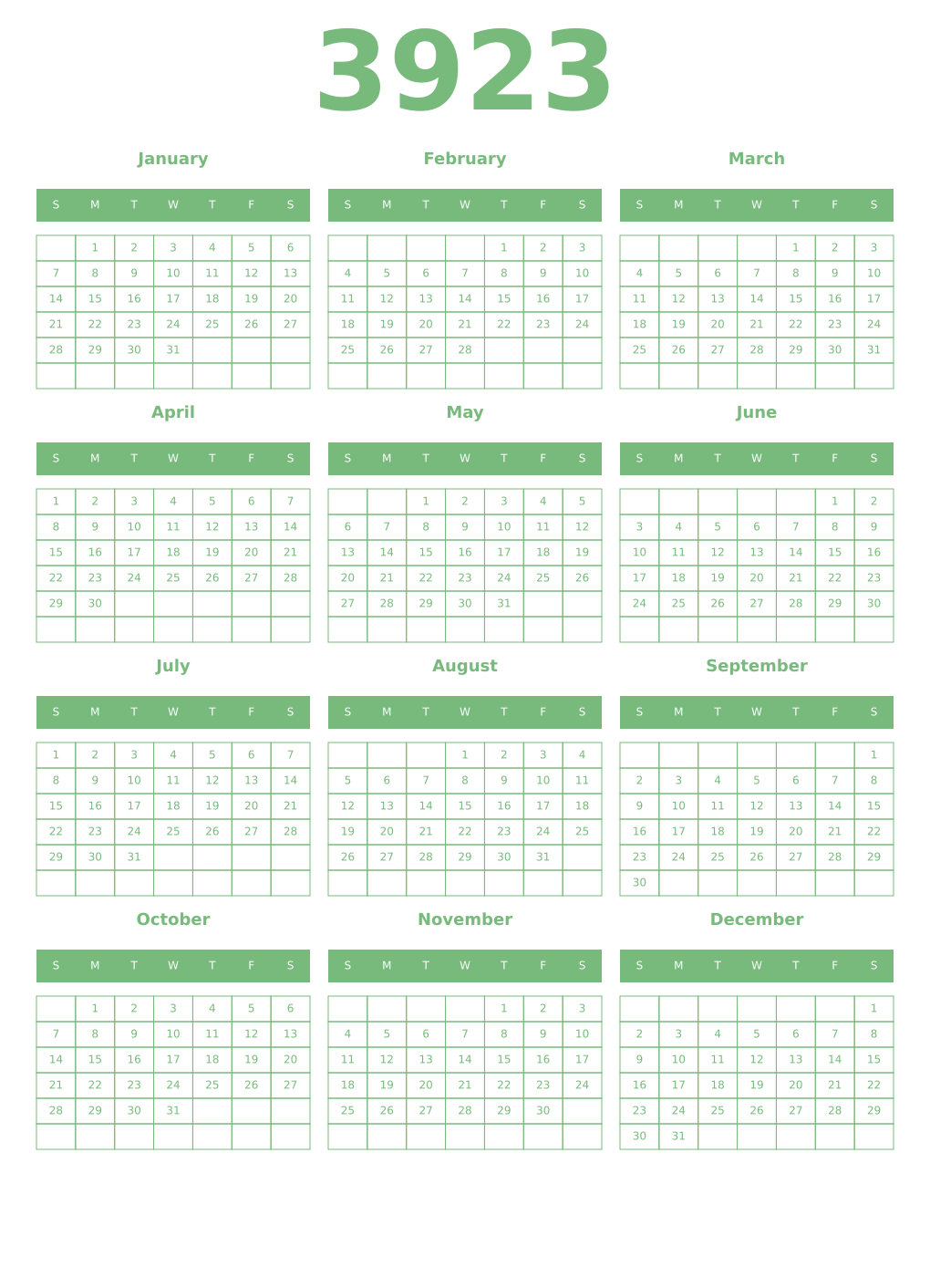 Printable 3923 Year Calendars celadon