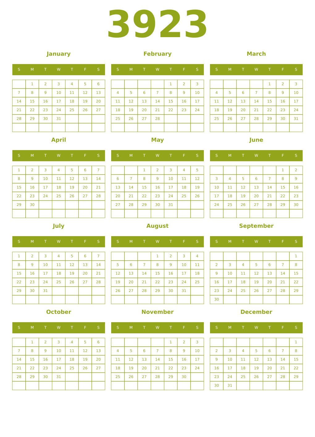 Printable 3923 Year Calendars chartreuse