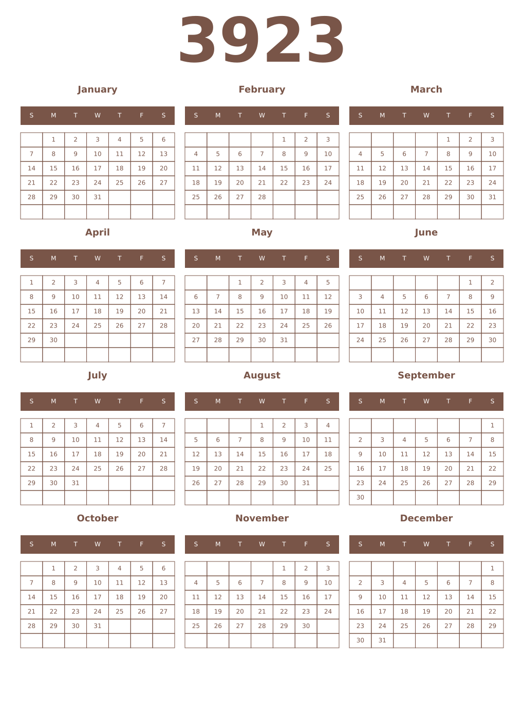 Printable 3923 Year Calendars coffe
