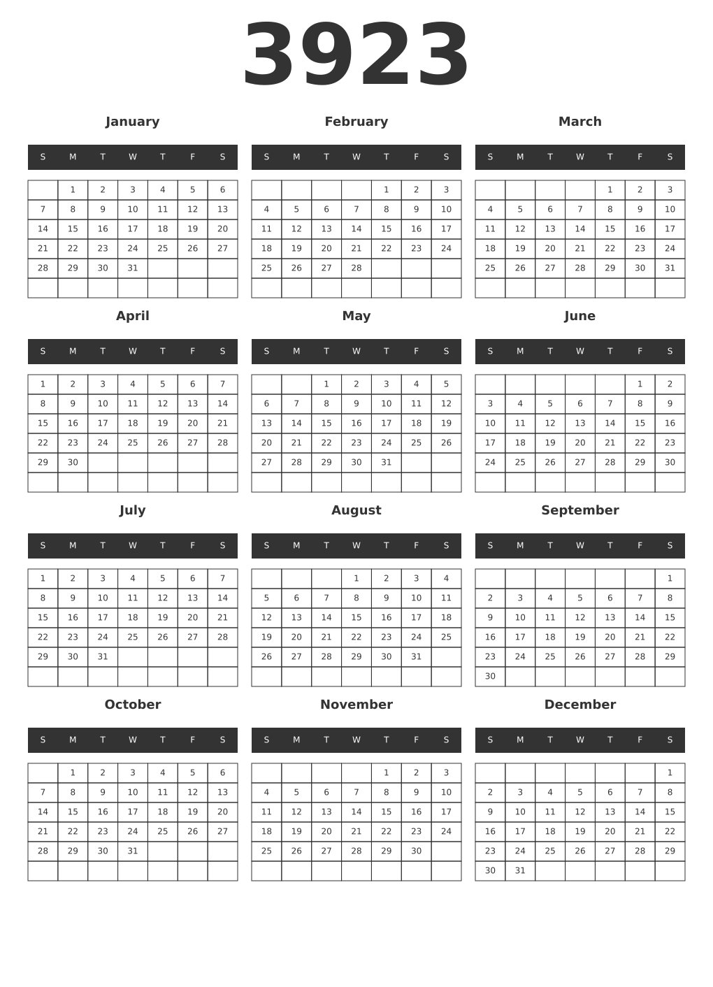 Printable 3923 Year Calendars dark