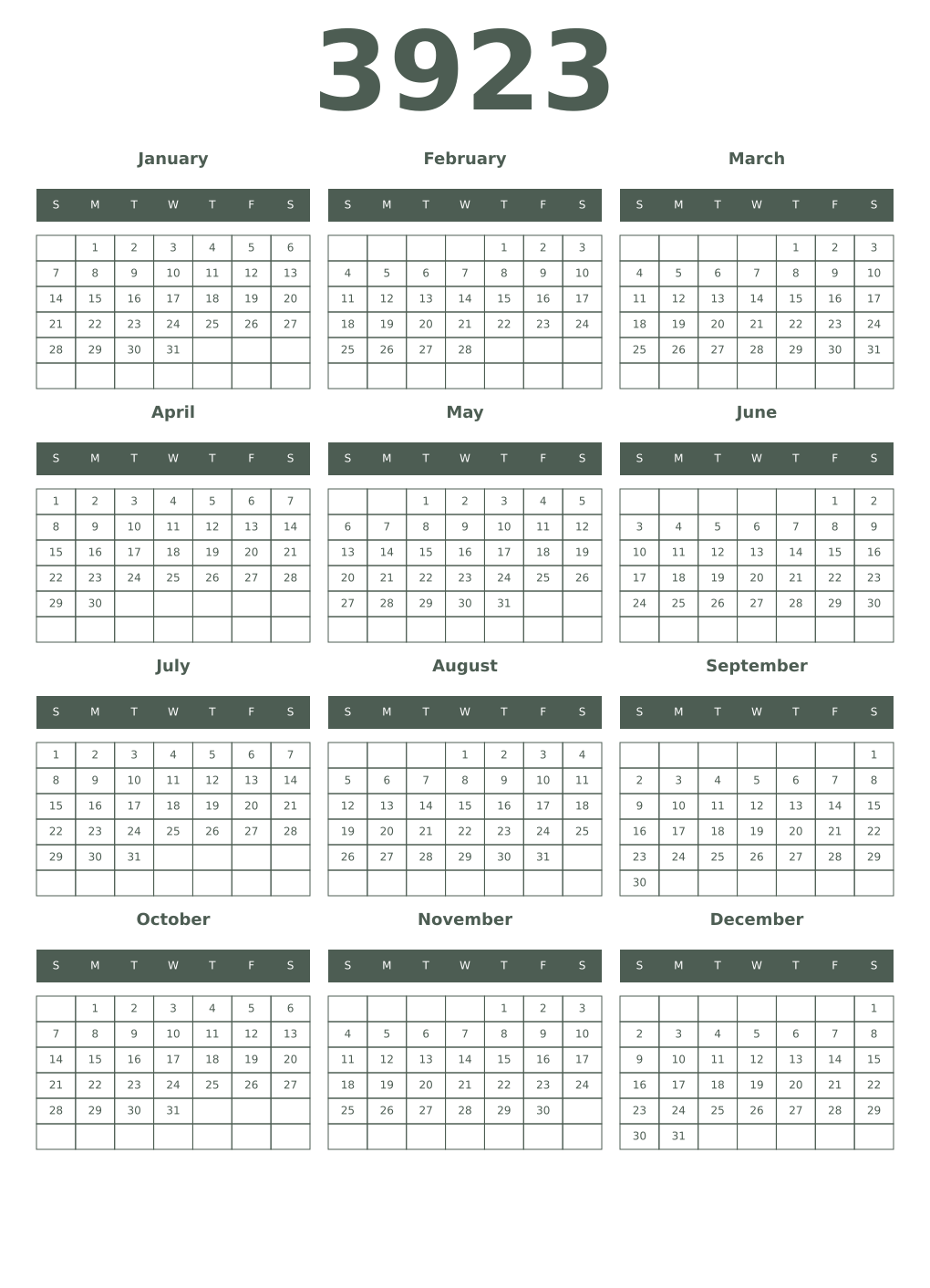 Printable 3923 Year Calendars feldgrau