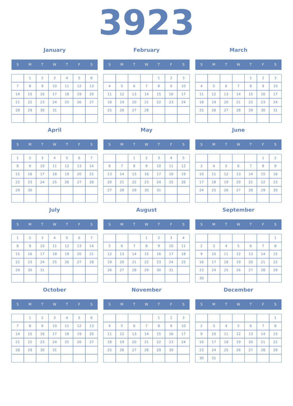 Printable 3923 Year Calendars glaucous