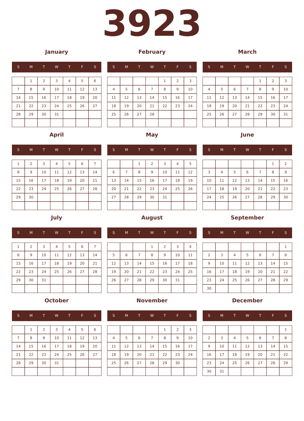 Printable 3923 Year Calendars mortuum