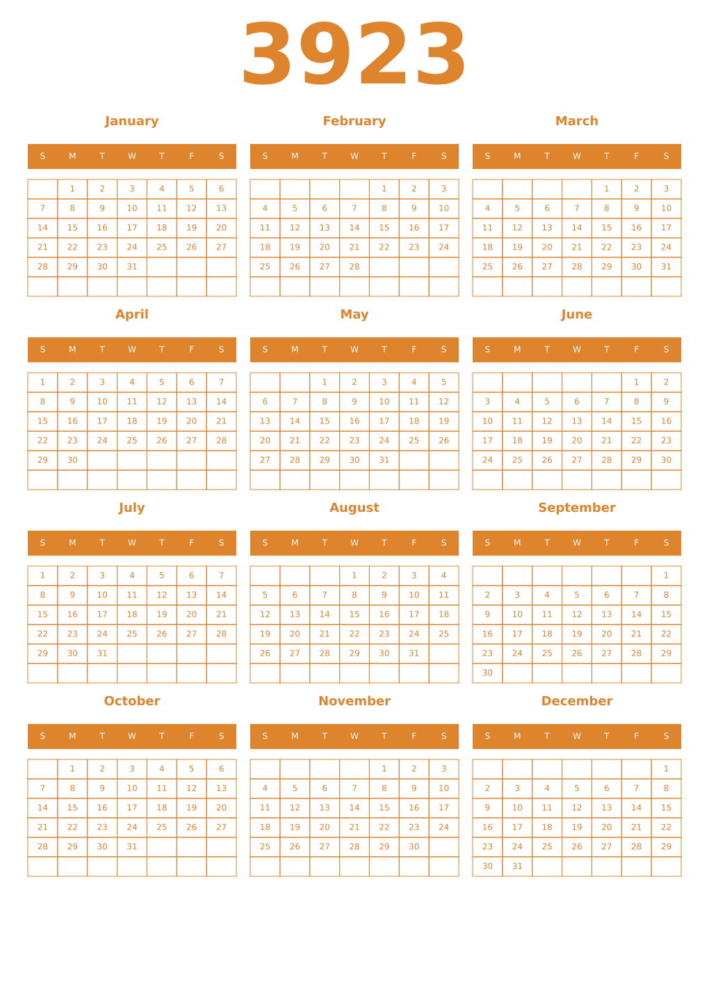 Printable 3923 Year Calendars orange