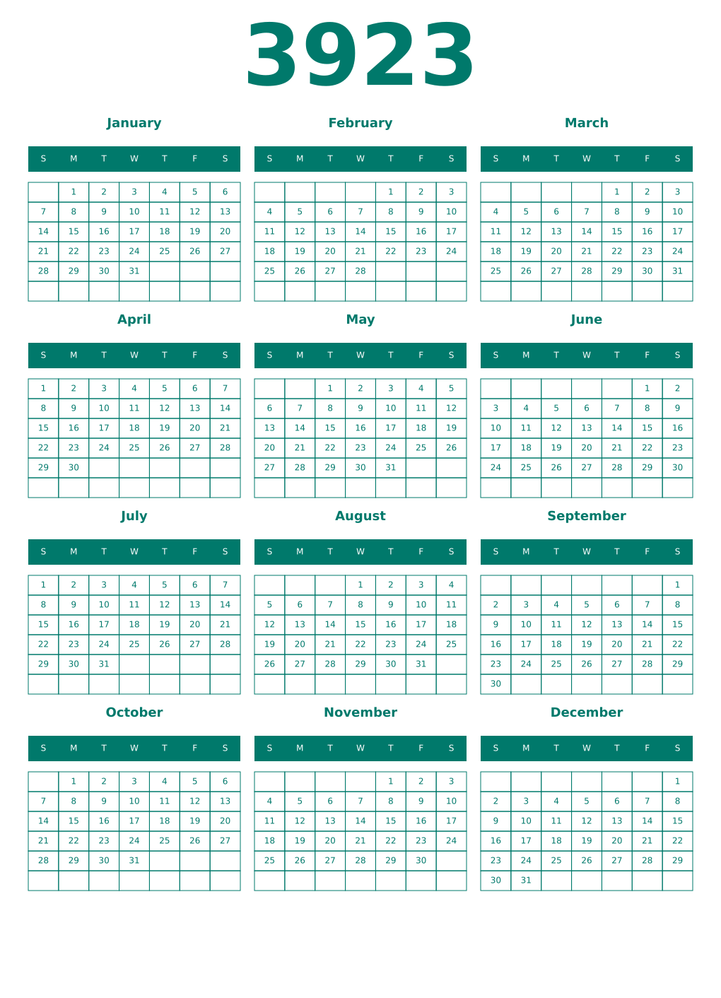 Printable 3923 Year Calendars pastel