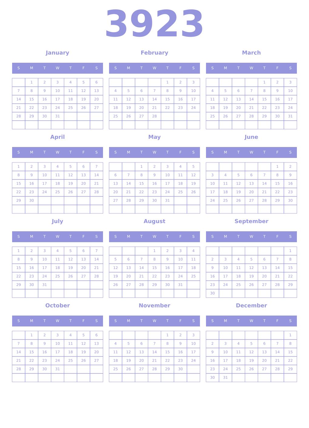 Printable 3923 Year Calendars periwinkle