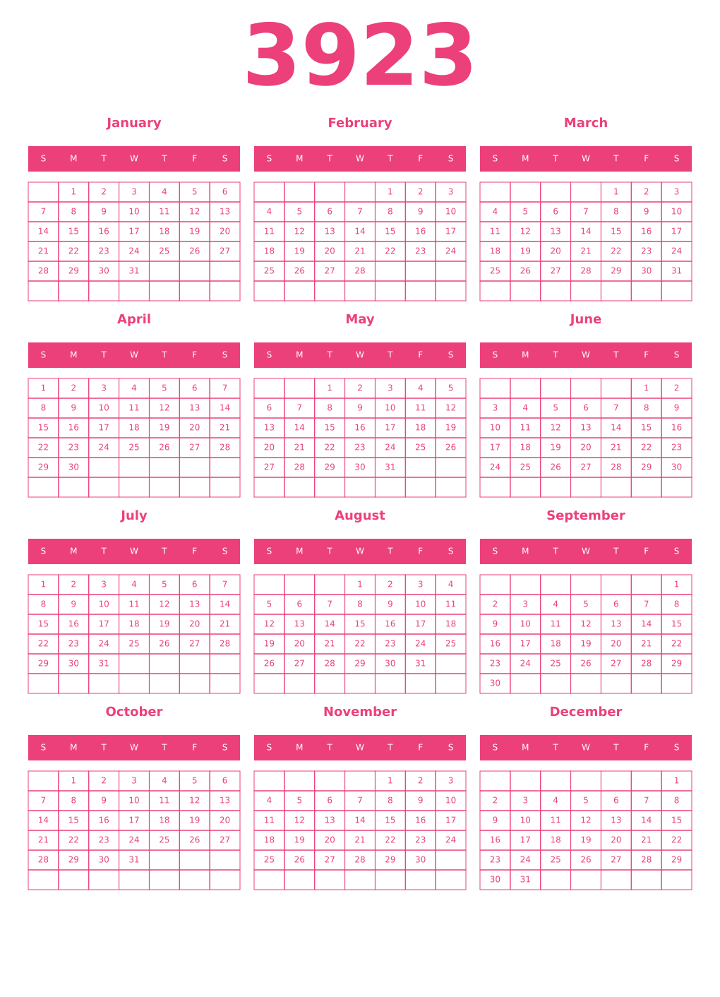 Printable 3923 Year Calendars pink