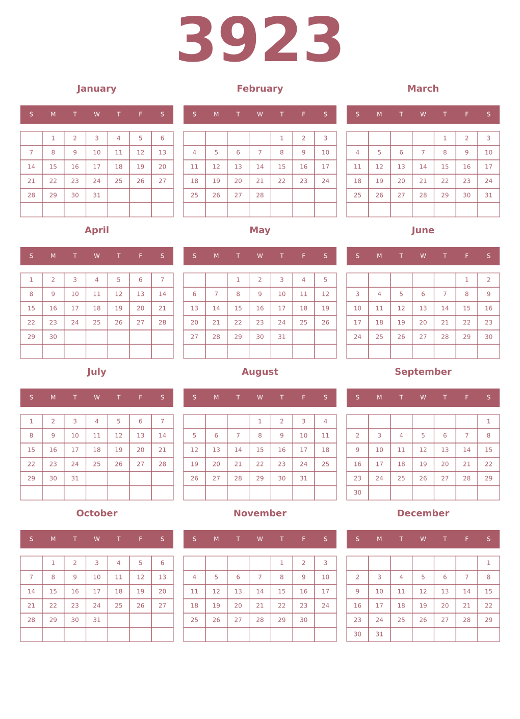 Printable 3923 Year Calendars puce