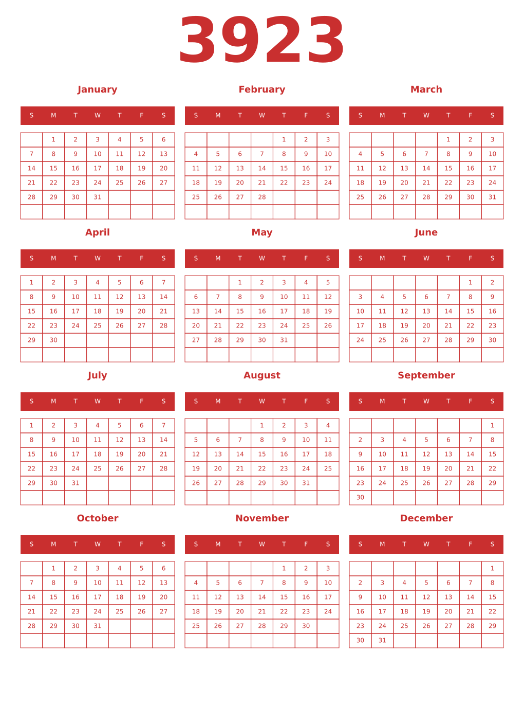 Printable 3923 Year Calendars red