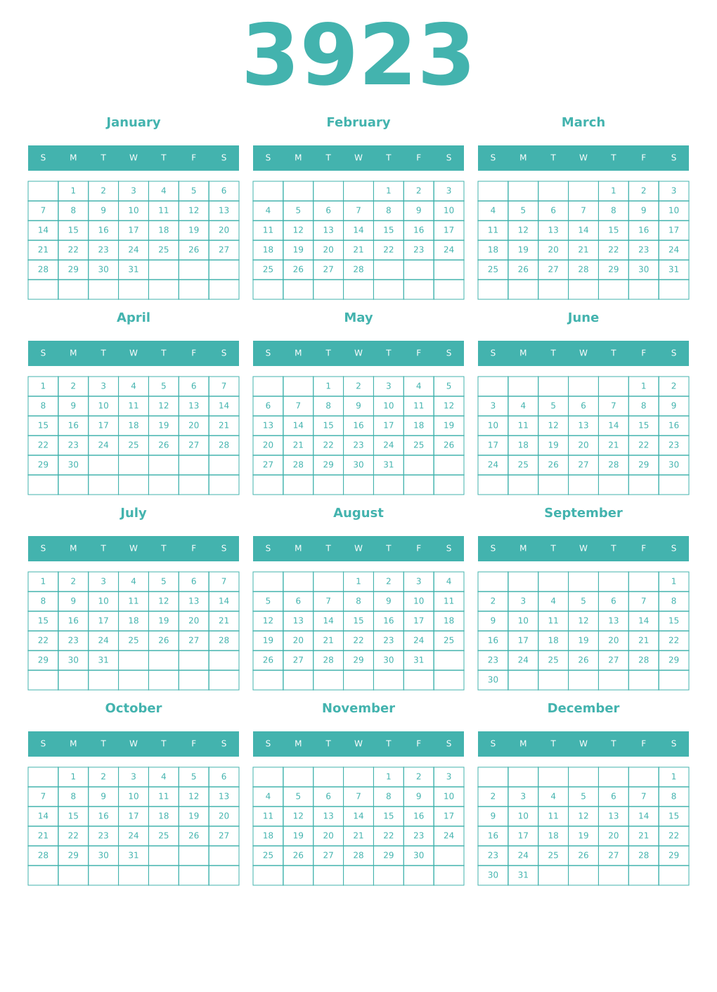 Printable 3923 Year Calendars verdigris