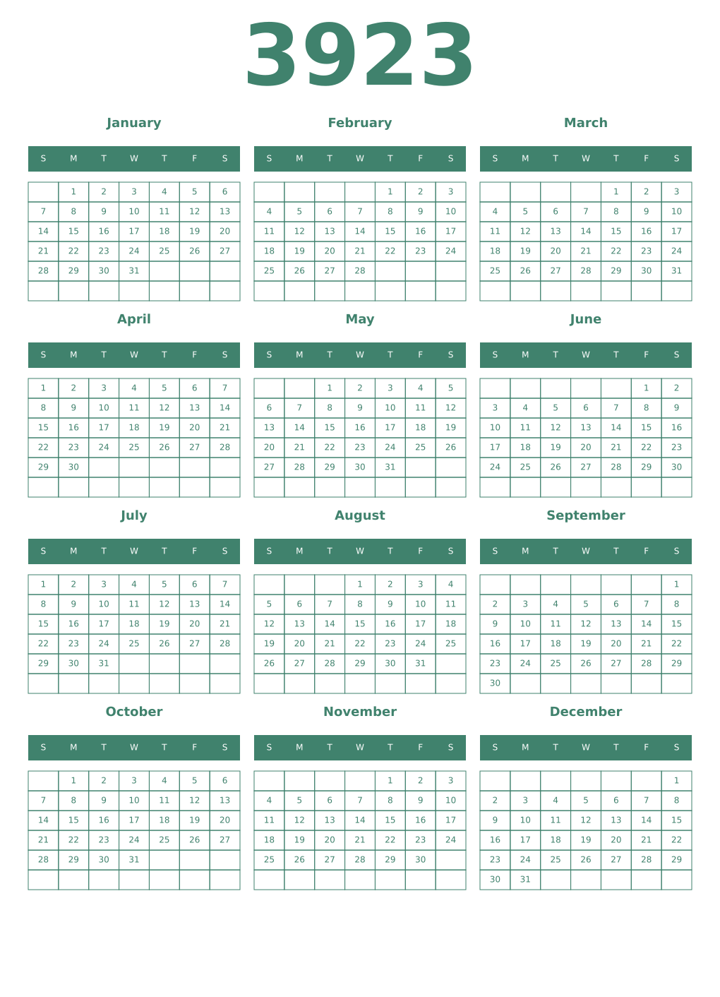 Printable 3923 Year Calendars viridian