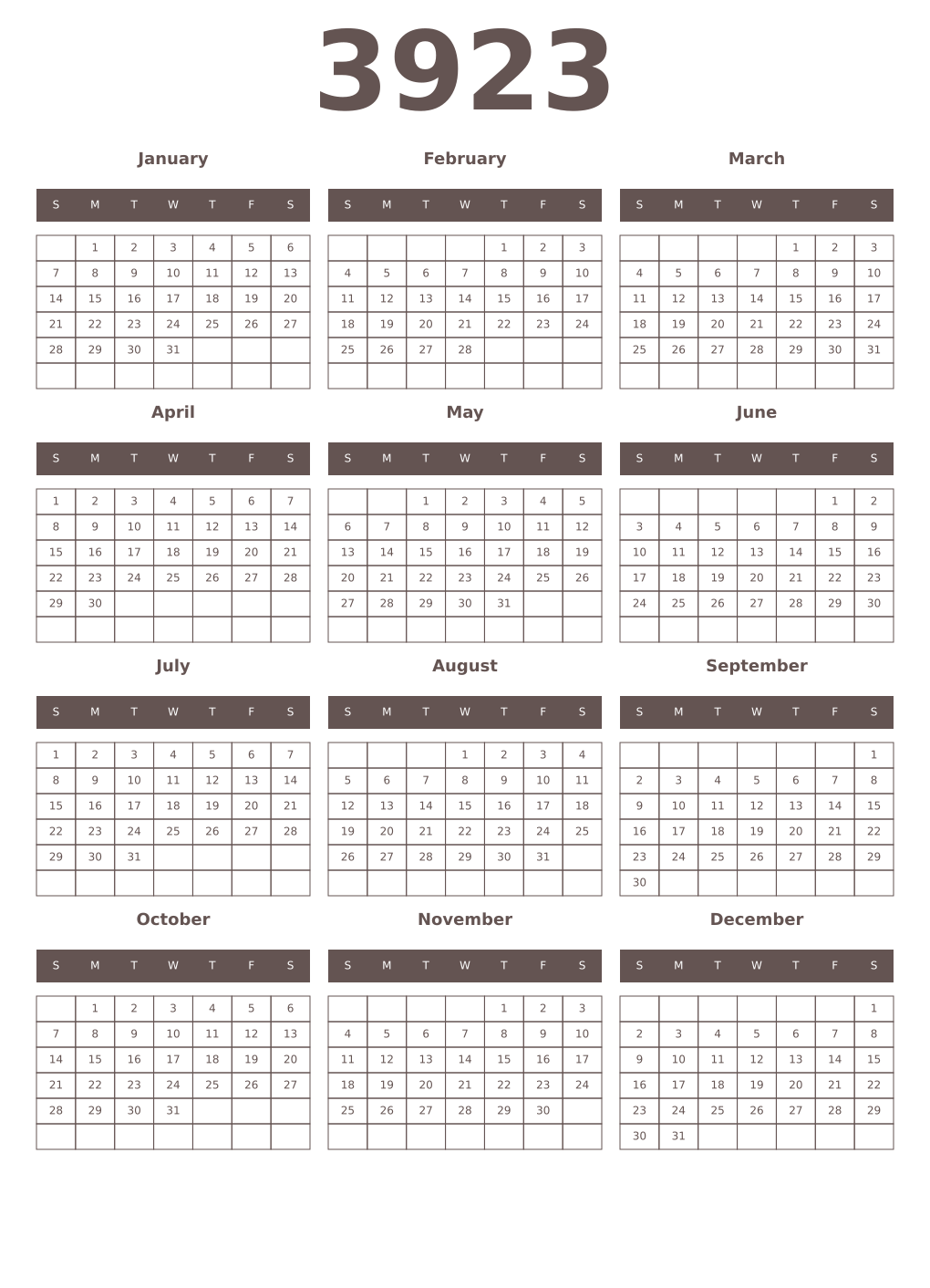 Printable 3923 Year Calendars wenge