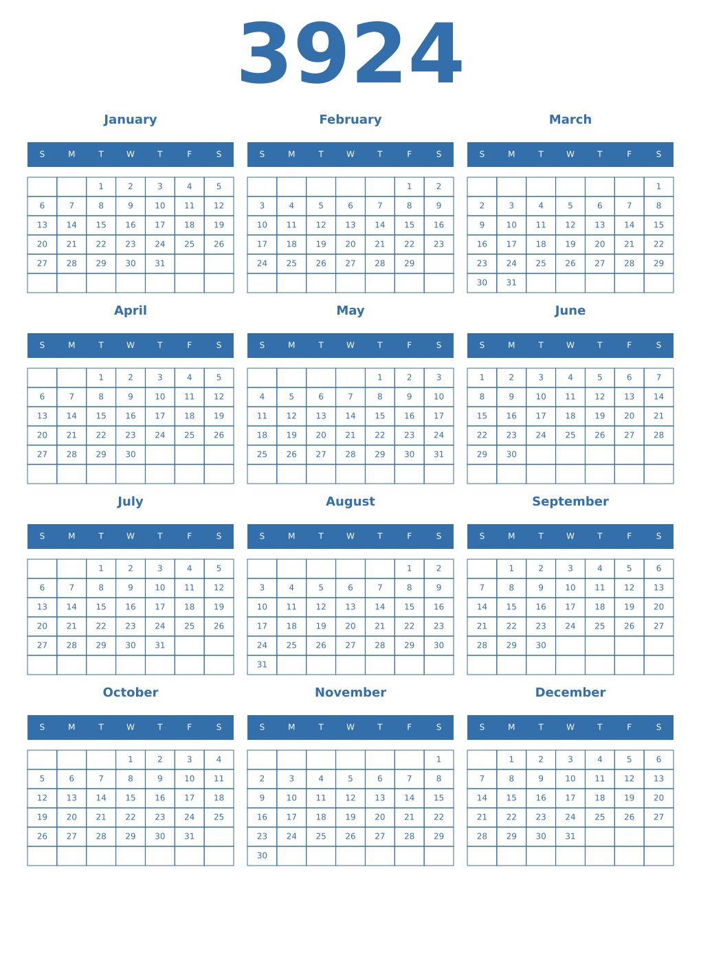 Printable 3924 Year Calendars blue