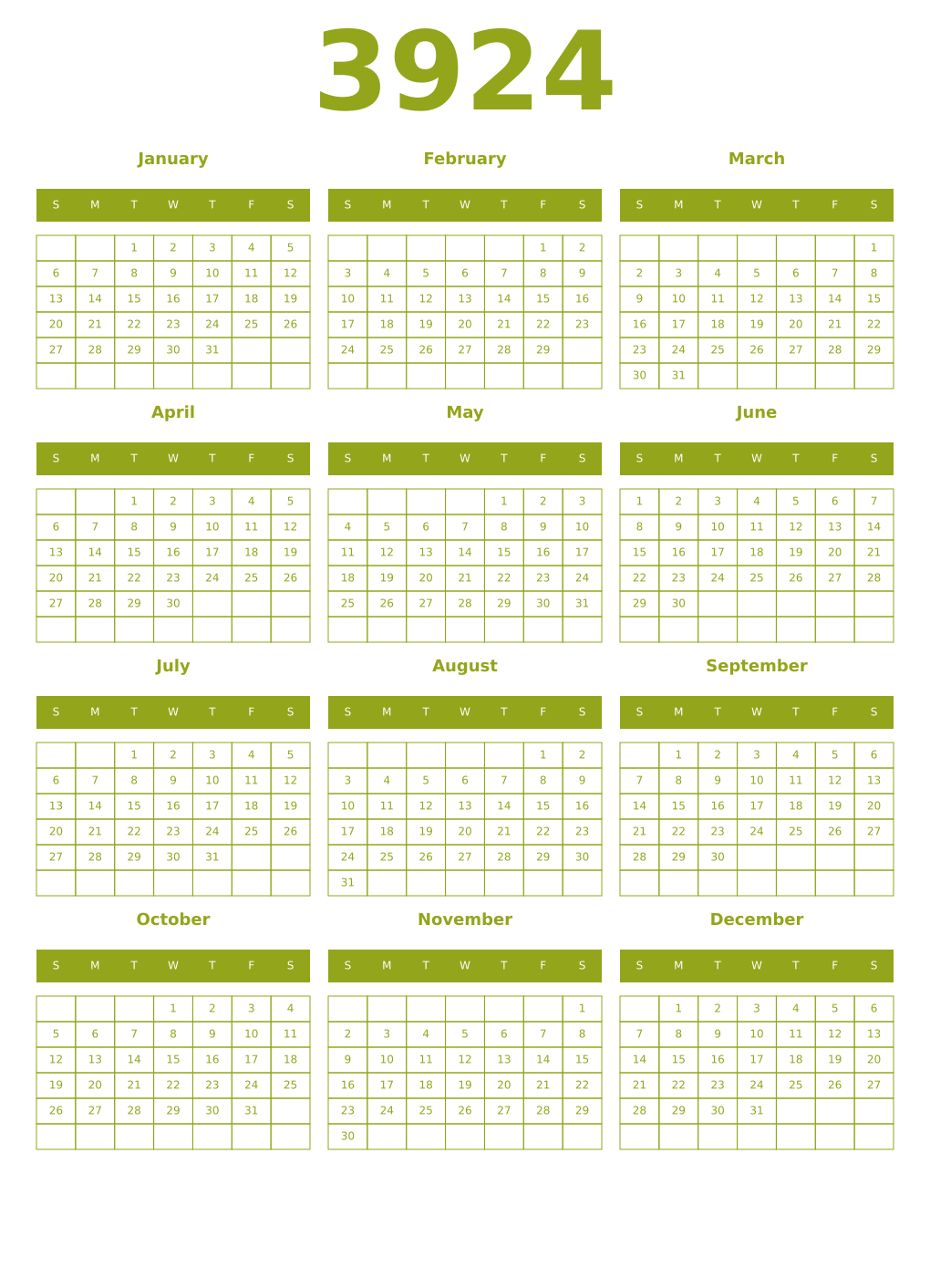 Printable 3924 Year Calendars chartreuse