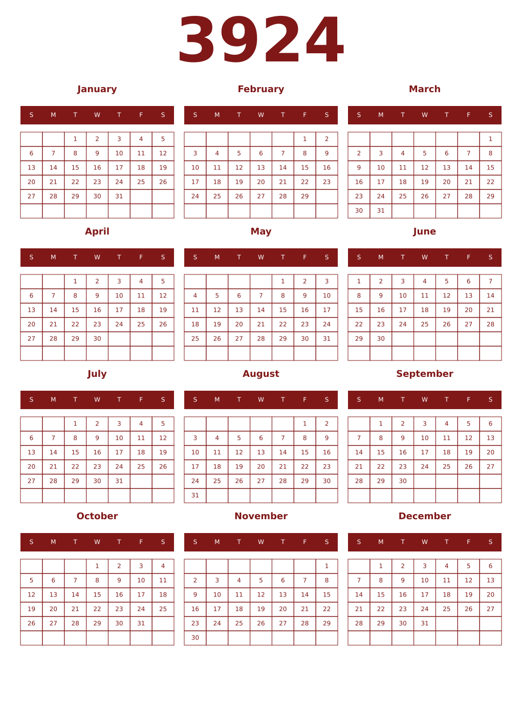Printable 3924 Year Calendars falu