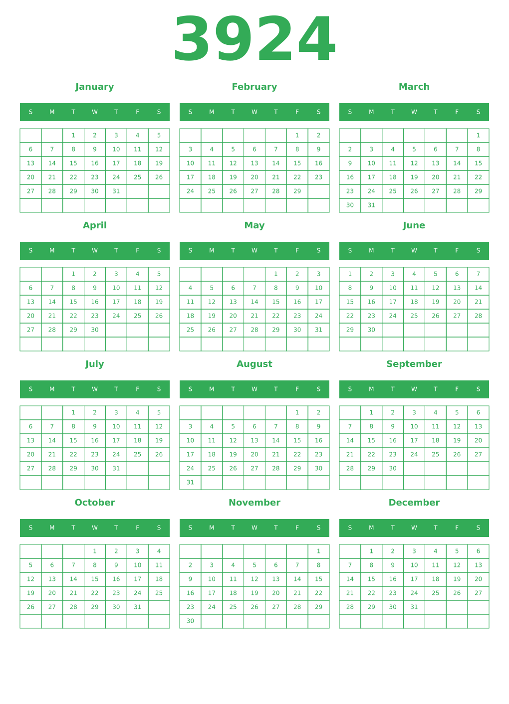 Printable 3924 Year Calendars green