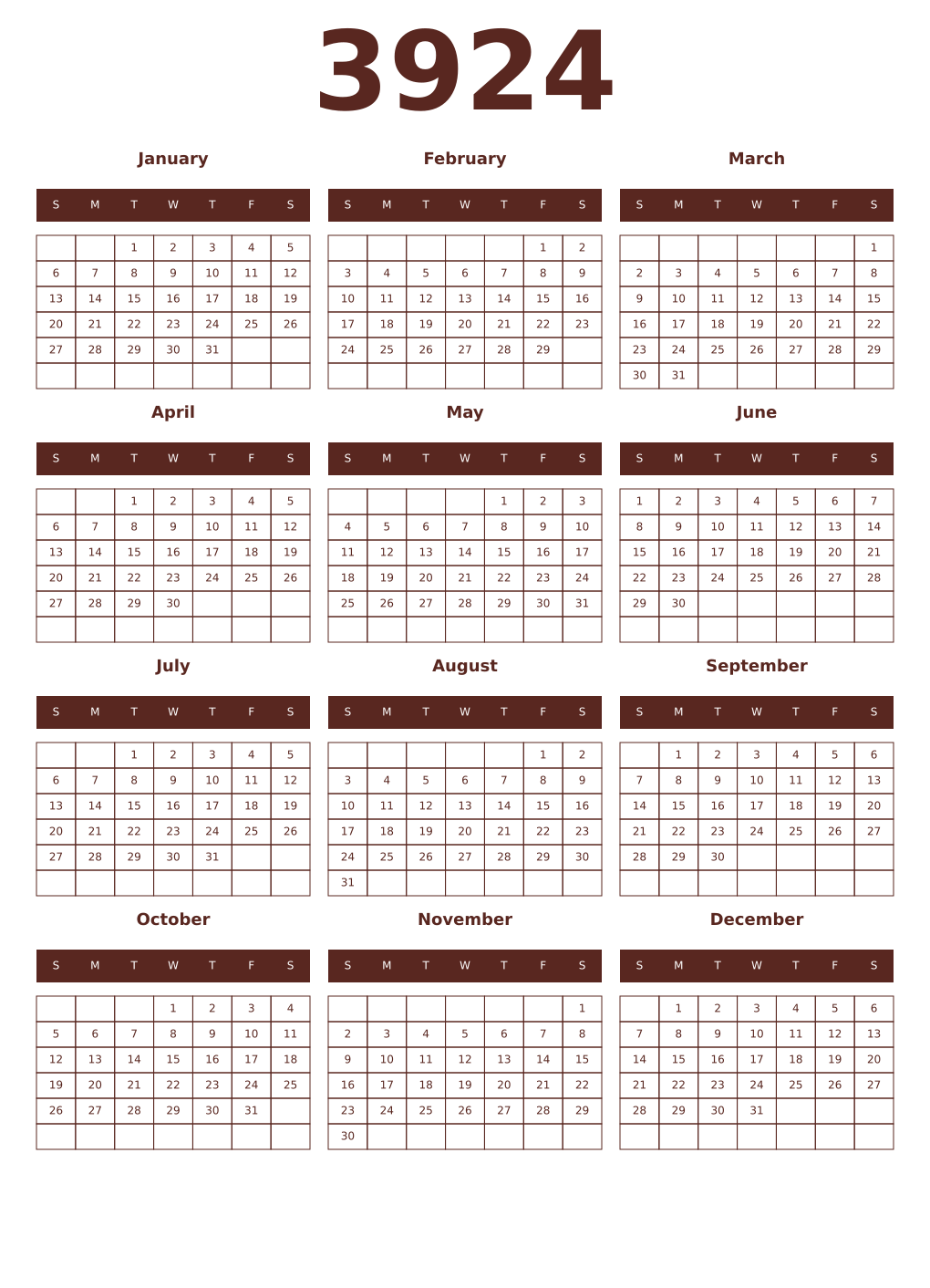 Printable 3924 Year Calendars mortuum