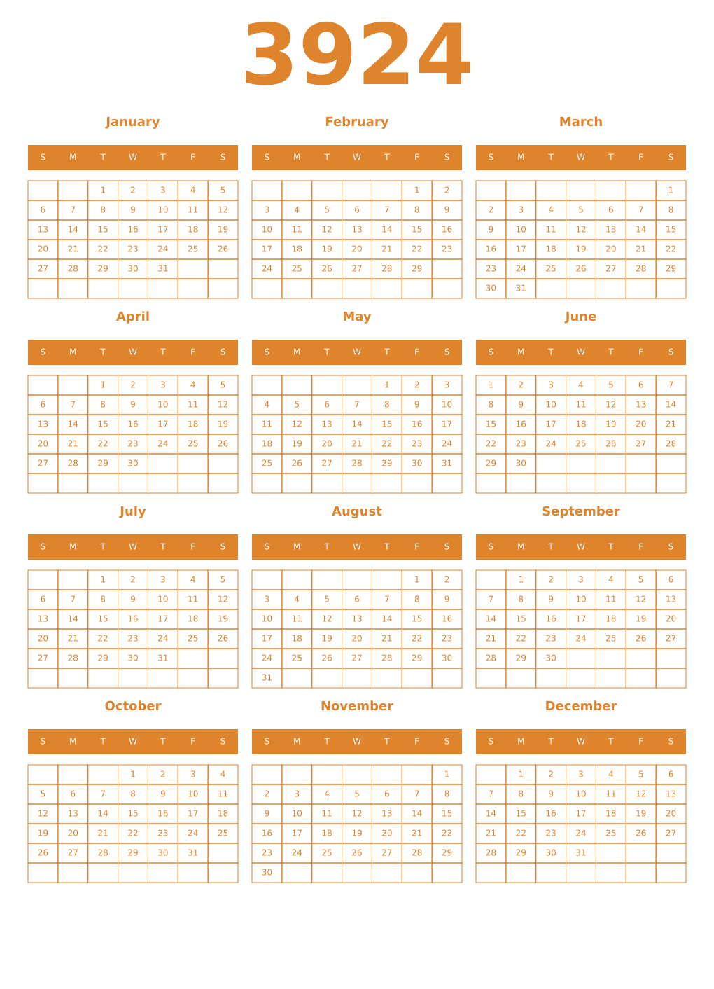 Printable 3924 Year Calendars orange