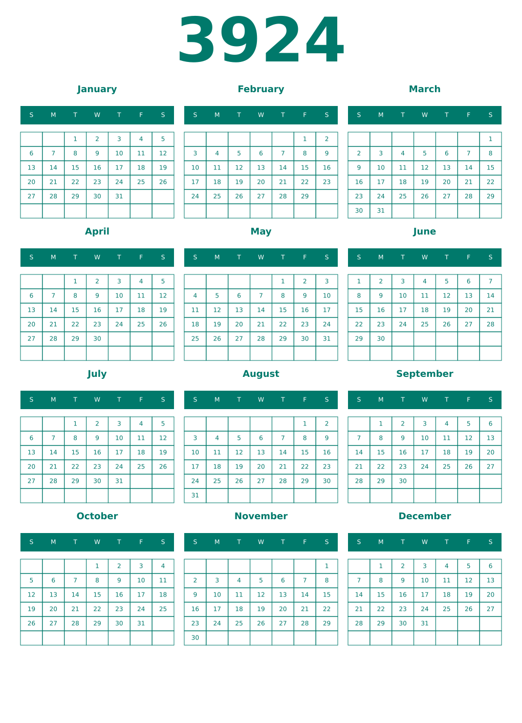 Printable 3924 Year Calendars pastel