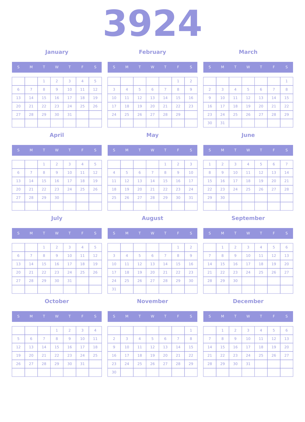 Printable 3924 Year Calendars periwinkle