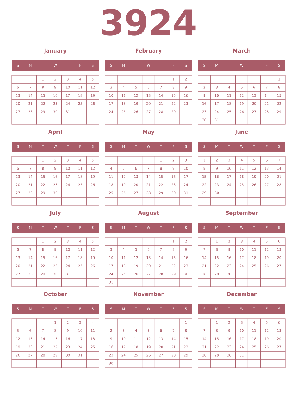 Printable 3924 Year Calendars puce