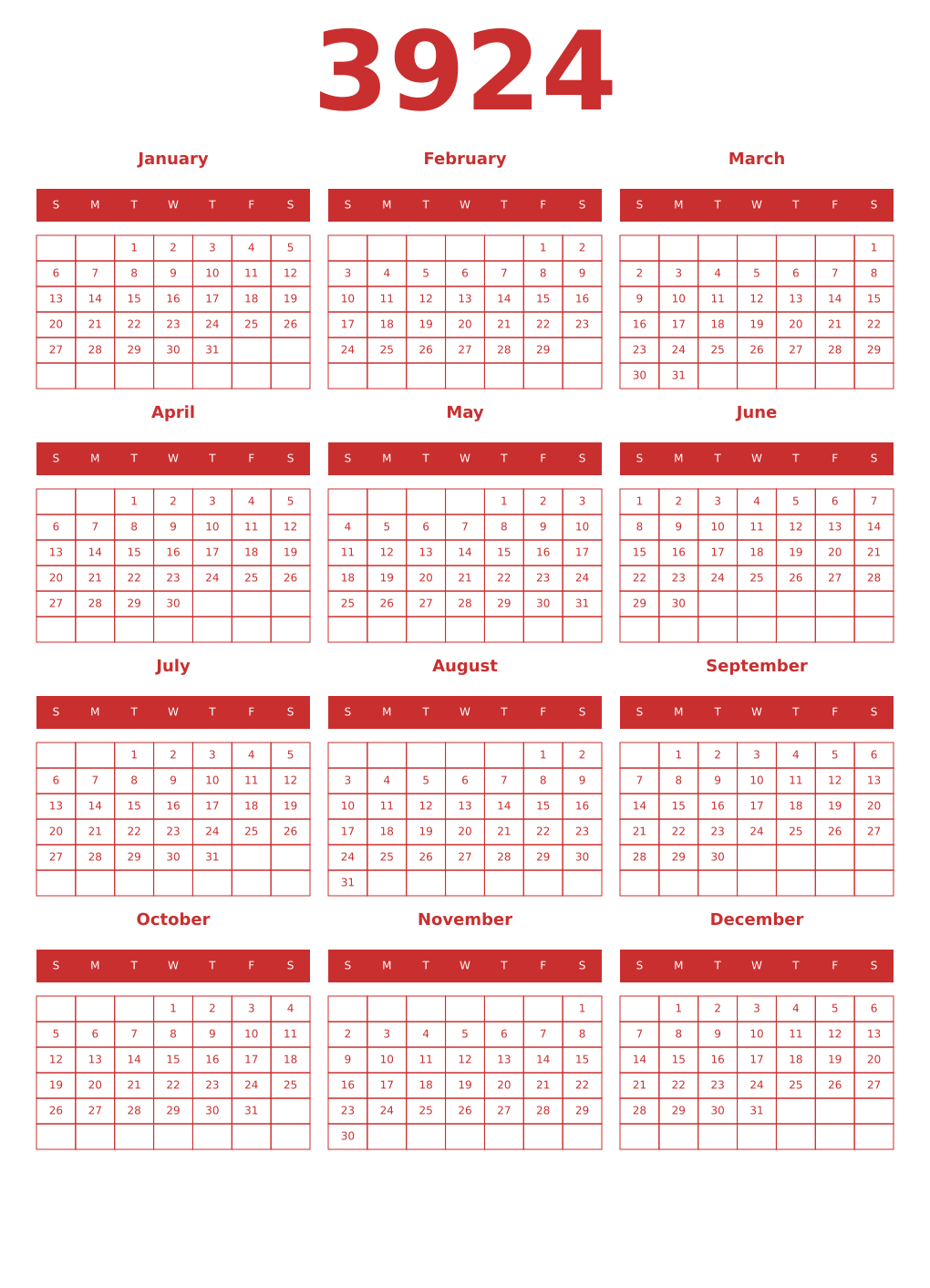 Printable 3924 Year Calendars red