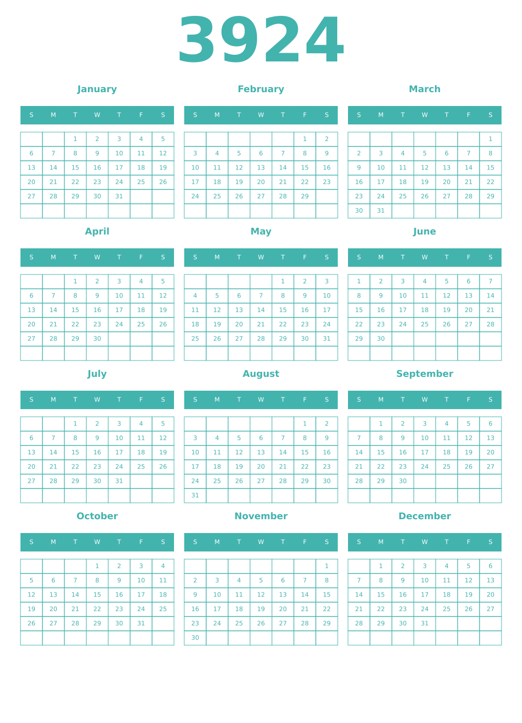 Printable 3924 Year Calendars verdigris