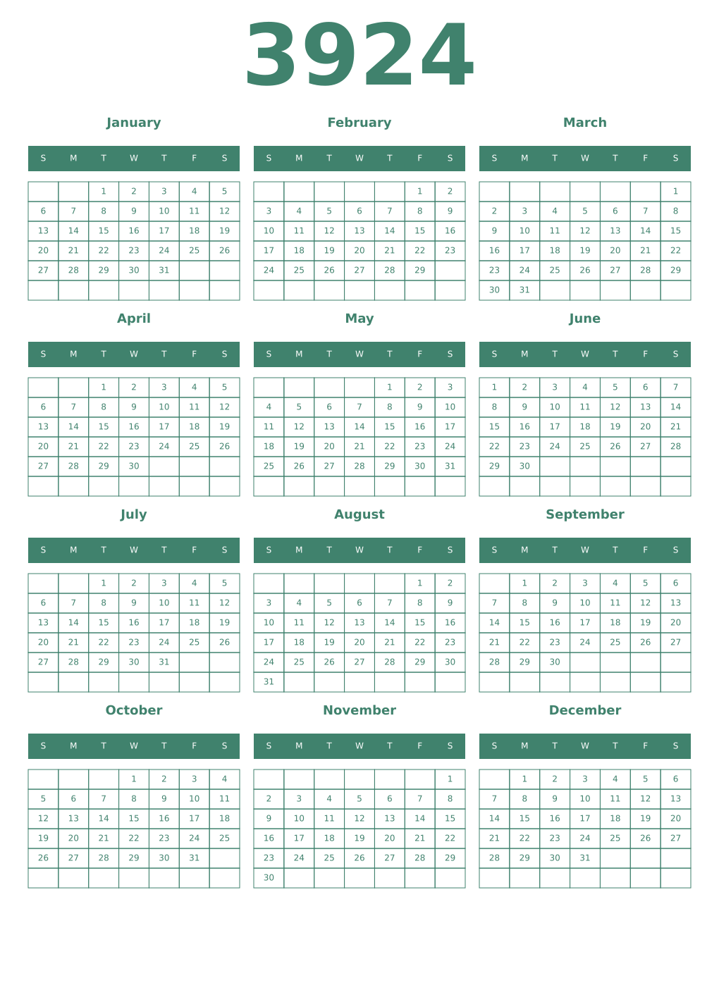 Printable 3924 Year Calendars viridian