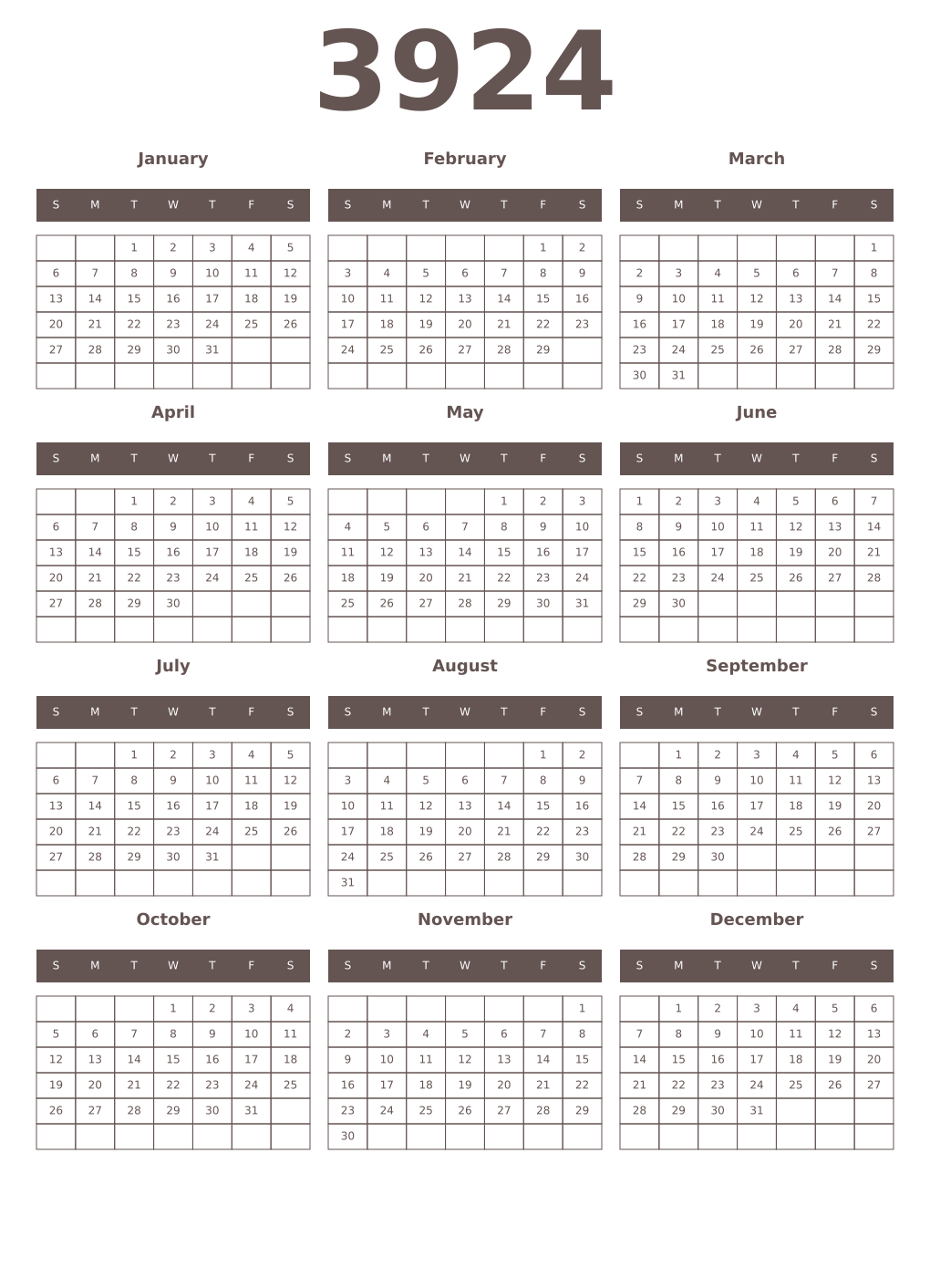 Printable 3924 Year Calendars wenge