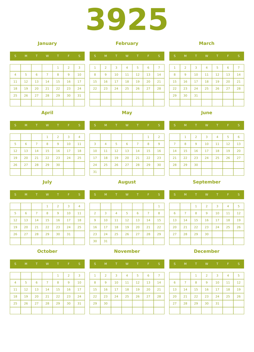 Printable 3925 Year Calendars chartreuse
