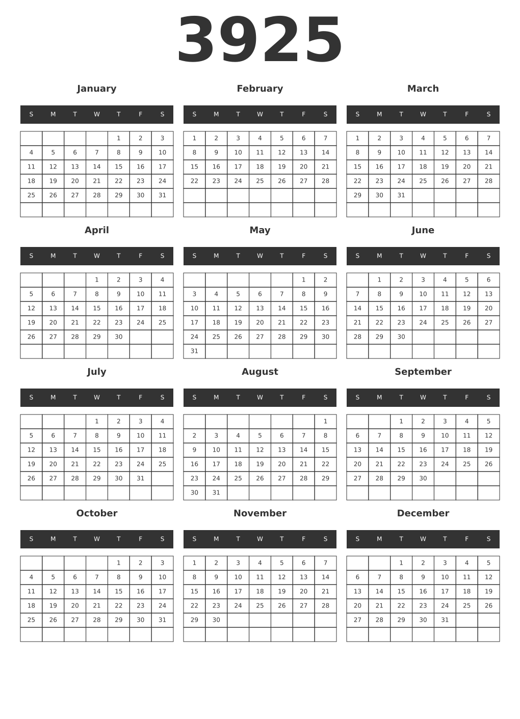 Printable 3925 Year Calendars dark